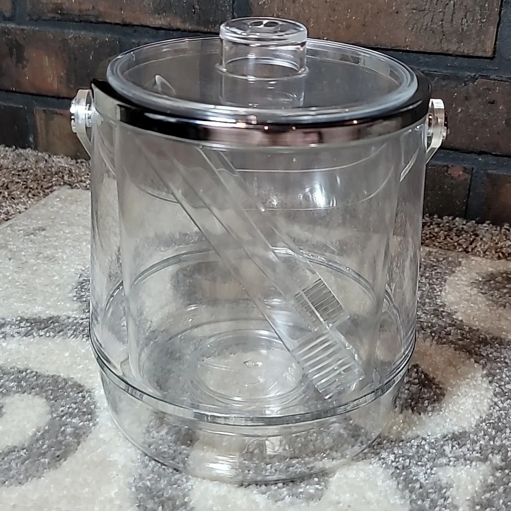 Vintage Ice Bucket with lid and tongs clear lucite chrome bands double wall